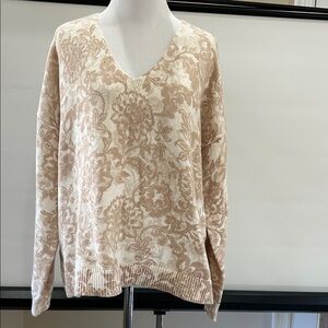 LOFT Beige and Cream Floral V-Neck Sweater